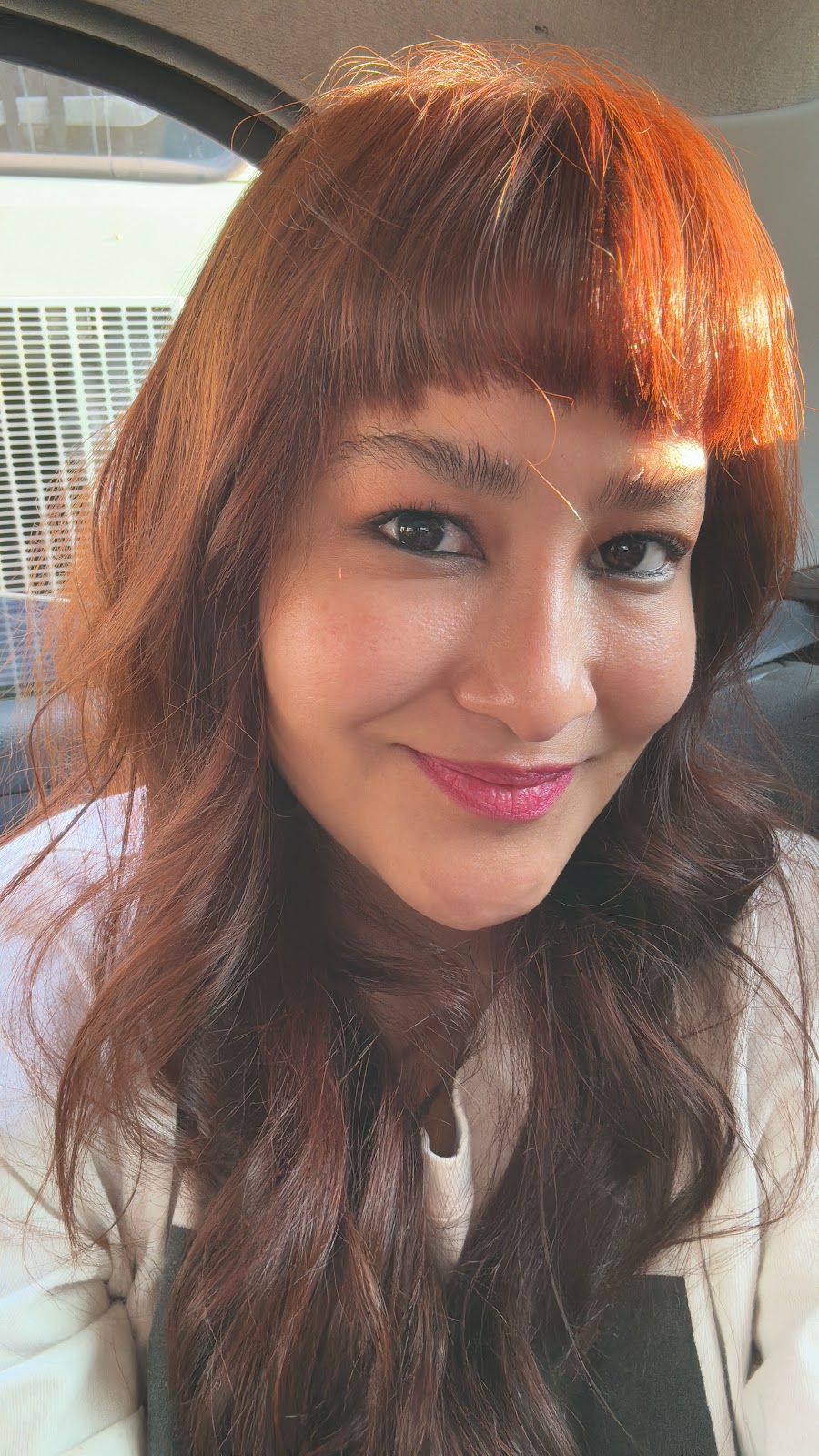 Resultado de color cobrizo con fleco realizado en Pame Voguel Studio