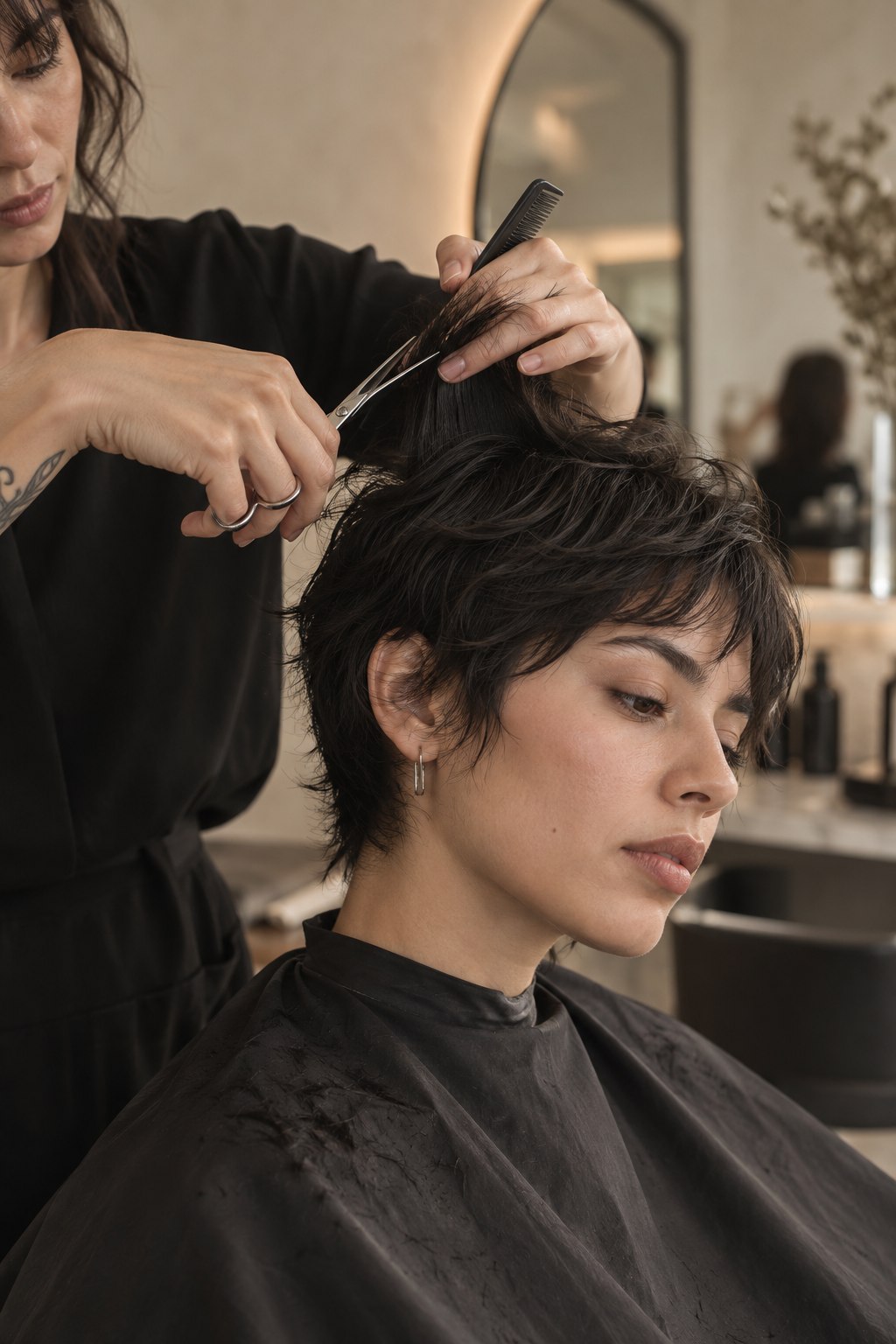 Estilista realizando un corte corto y texturizado con tijera y peine