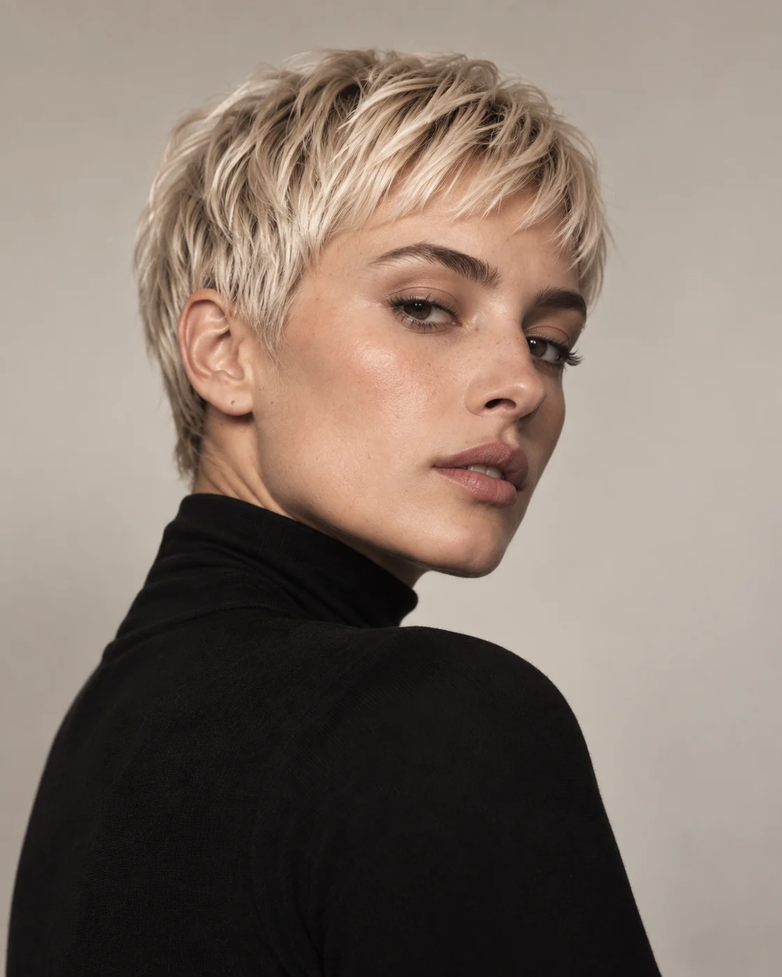 Retrato editorial conceptual con corte pixie